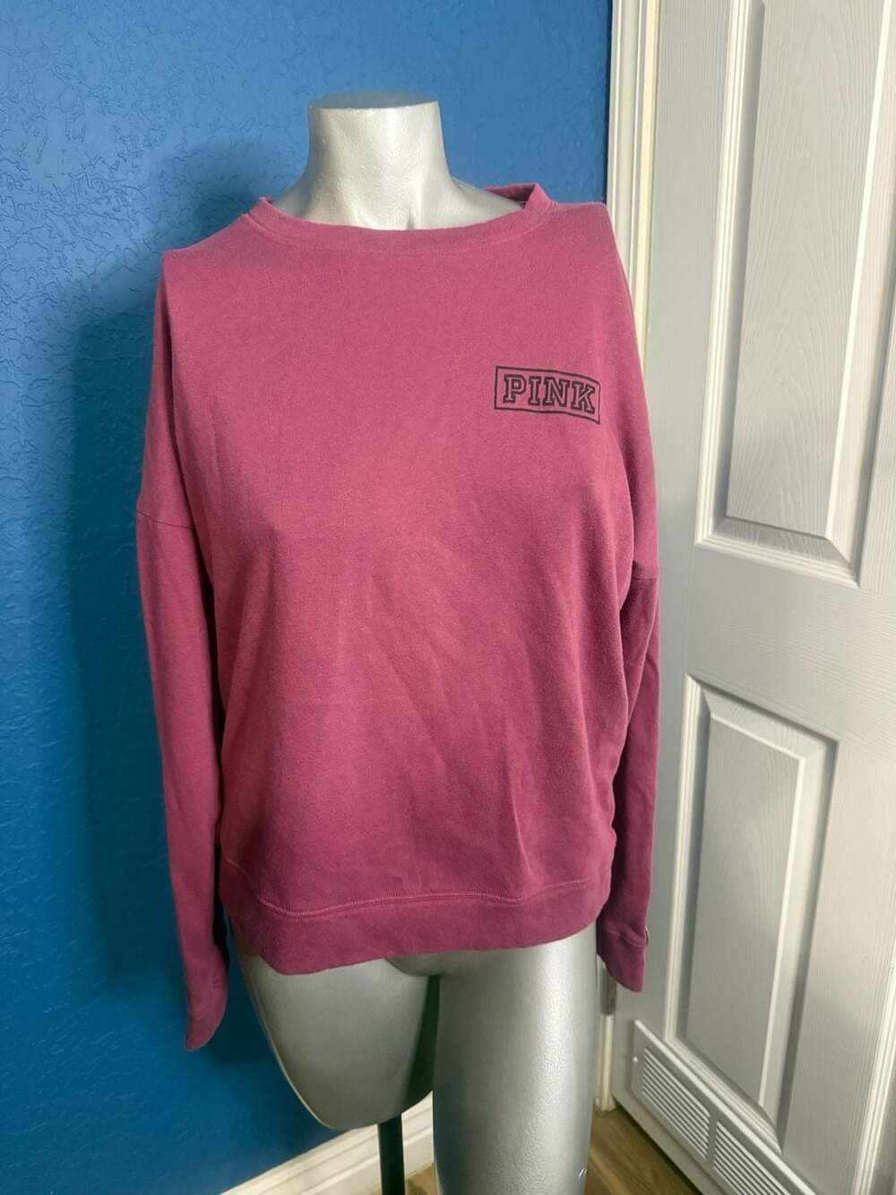 PINK Victoria's Secret Magenta Pink Pullover Sweatshirt with Sleeve Stripe Logo